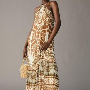 Anthropologie Brown and Cream Floral Maxi Dress